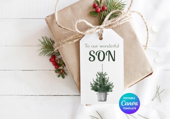 Personalised Son Gift Tag Canva Template | Christmas Tree Gift Tag | Editable Son Gift Label | Printable Christmas Tag
