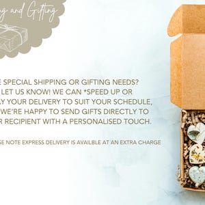 May include: A brown cardboard box with a white paper filler inside. The box contains several heart-shaped soaps with dried flowers inside. The text on the image reads "Shipping and Gifting. Have special shipping or gifting needs? Just let us know! We can *speed up or delay your delivery to suit your schedule, and we're happy to send gifts directly to your recipient with a personalised touch. *Please note express delivery is available at an extra charge."