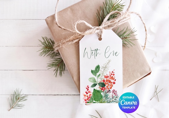 Personalised Christmas Gift Tag Canva Template | Christmas With Love Tag | Custom Christmas Gift Tag | Foliage & Red Berries