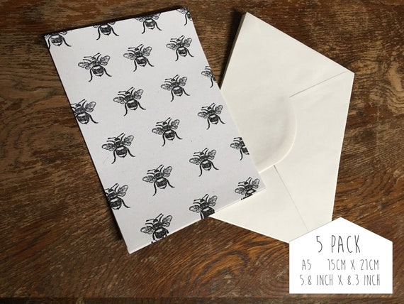 Bee notelets with envelopes, pack of 5 A5 note cards. Recycled notelets.