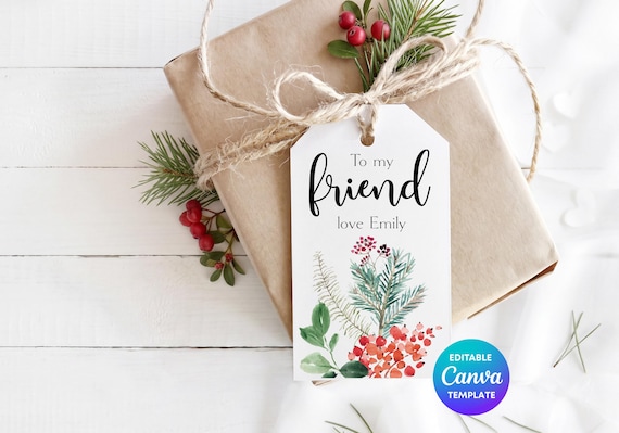 Personalised Friend Gift Tag Canva Template | Winter Berries Gift Tag | Editable Winter Gift Label | Printable Christmas Tag