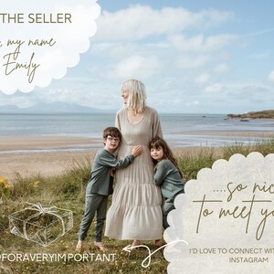 Op de afbeelding: Een vrouw en twee kinderen staan op een strand met een bewolkte lucht op de achtergrond. De vrouw draagt een lange, lichtbruine jurk. De kinderen dragen donkergroene broeken en shirts. De tekst "Meet the Seller" staat in een witte wolkvorm met de tekst "Hello, my name is Emily" eronder. De tekst "...so nice to meet you!" staat in een witte wolkvorm met de tekst "I'd love to connect with you on Instagram" eronder. De tekst "@forAveryImportant" staat onderaan de afbeelding.
