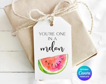 You’re One in a Melon Gift Tag Template | Watermelon Thank You Tag | Editable Canva Printable Tag | Summer Gift Label