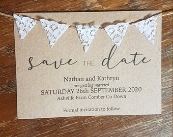 Bunting Save the Date: Vintage Lace, Kraft Card, Eco Friendly