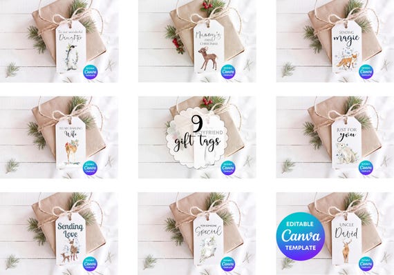 Winter Animal Gift Tags Bundle | 9 Editable Christmas Gift Tags | Woodland Animals | Penguin Fox Deer Polar Bear | Canva Template