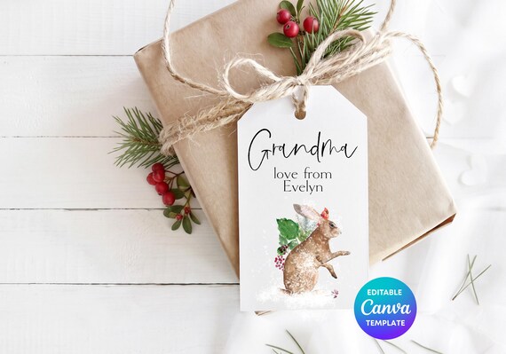 Personalised Hare Gift Tag | Grandma Gift Tag | Woodland Christmas Gift Tag | Custom Hare Gift Label | Nature Tag | Editable canva template