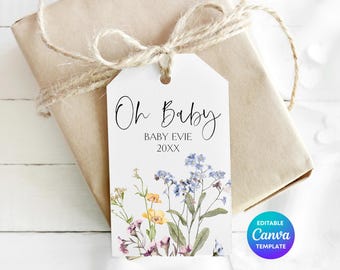 Wildflower Baby Shower Gift Tag Template | Botanical Thank You Label (Digital Download)