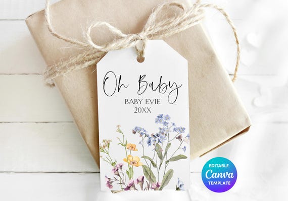 Wildflower Baby Shower Gift Tag Template | Botanical Thank You Label (Digital Download)
