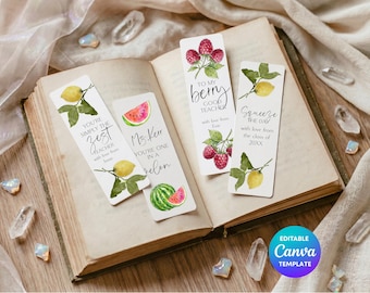 Printable Teacher Bookmark Set | Thank You Teacher Gift Bookmarks | Fruit Pun Bookmarks for Teachers | Editable Canva End of Year Gift