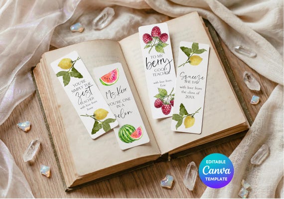 Printable Teacher Bookmark Set | Thank You Teacher Gift Bookmarks | Fruit Pun Bookmarks for Teachers | Editable Canva End of Year Gift