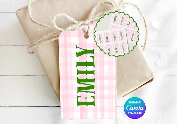 Pink Gingham Name Tag | Personalised Name Label Template | Editable Canva Name Tag | Classroom Name Label | Custom Gift Tag