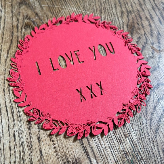 Eco friendly I love you papercut shape, recycled papercut I love you Valentines card, Valentines tag, Recycled love wreath, eco papercut