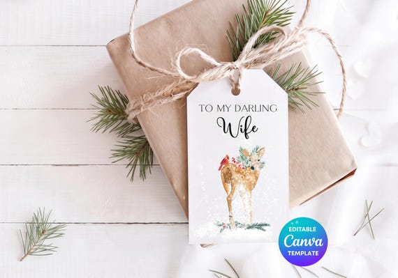 Personalised Wife Gift Tag Canva Template | Baby Deer Gift Tag | Editable Christmas Gift Tag | Printable Woodland Tag