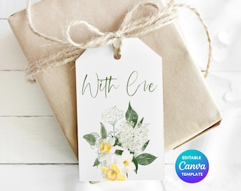 Daffodil With Love Gift Tag Template | Printable Floral Gift Tag | Editable Canva Spring Gift Label | Botanical Cottagecore Tag