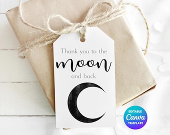 To The Moon and Back Gift Tag Template | Thank You Teacher Tag Printable | Editable Canva Appreciation Gift Label | Moon Theme Gift Tag