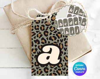 Green Leopard Print Gift Tag Template | Personalised Initial Monogram Tag | Editable Canva Gift Label | Retro Green Gift Tag | Printable