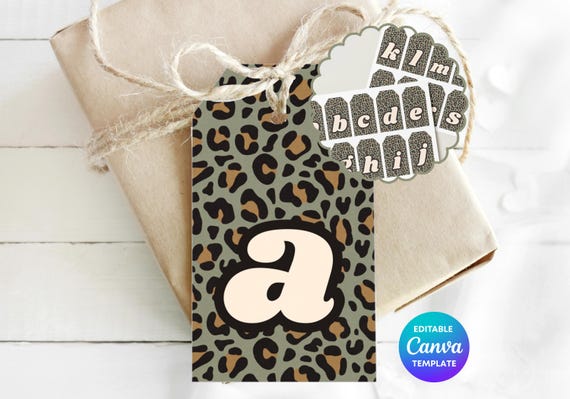 Green Leopard Print Gift Tag Template | Personalised Initial Monogram Tag | Editable Canva Gift Label | Retro Green Gift Tag | Printable