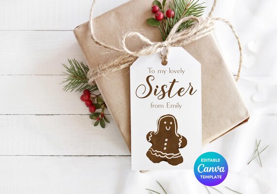 Personalised Sister Gift Tag | Gingerbread Christmas Gift Tag | Custom Sister Gift Label | Christmas Present Tag | Gingerbread Gift