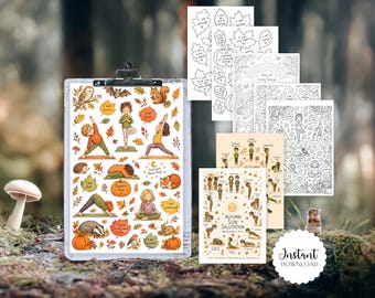 Pacchetto stampabile di yoga autunnale per bambini / Attività di mindfulness, sequenze yoga e disegni da colorare con affermazioni positive per bambini