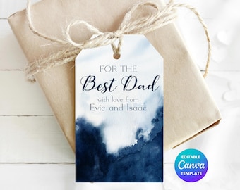 Father's Day Gift Tag Template | Printable Blue Watercolour Gift Tag | Editable Canva Dad Gift Label | Father's Day Tag
