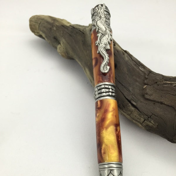 Handmade Bronze and  Gold Acrylic Dragon Twist Pen, Antique Pewter Finish Hardware - With Gift Box