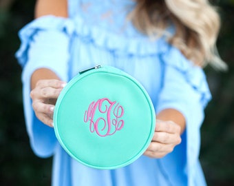 Monogrammed Round Jewelry/Travel Case - Bridesmaid Gift - Monogrammed Round Jewelry Case - Monogrammed Travel Case-Unique Gift Idea Under 20