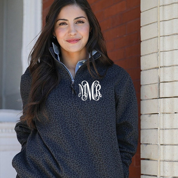 Monogrammed Leopard Quarter Zip Sweatshirt Pullover- Unisex-Charles River -Quarter Zip Pullover -Monogrammed Sweatshirt -Pullover Sweatshirt