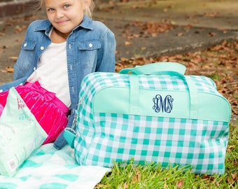 Monogrammed Kid Travel Bag - Mint/Hot Pink/Navy Check Travel Bag - Birthday Gift - Monogrammed Gift-Weekender Bag-Monogrammed Kids's Luggage
