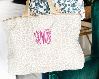 Monogrammed Natural Leopard Tote Bag-Vegan Leather-Bridesmaid Gift-Monogrammed Gift-Travel/Tote Bag- Monogrammed Leopard-Unique Gift