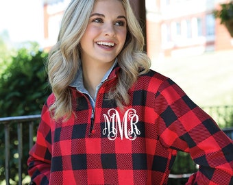 Monogrammed Buffalo Plaid Quarter Zip Sweatshirt Pullover- Unisex-Charles River-Quarter Zip Pullover-Monogram Sweatshirt-Pullover Sweatshirt