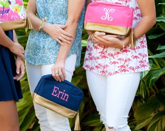 Monogrammed Cabana Cosmetic Bag - Bridesmaid Gift - Monogrammed Cosmetic Bag - Monogrammed Travel Bag -Floral Cosmetic Bag-Gold Cosmetic Bag