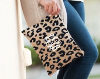 Monogrammed Leopard Burlap Zip Pouch - Bridesmaid Gift - Hostess Gift - Monogrammed Travel Bag - Personalized Burlap Bag - Unique Gift