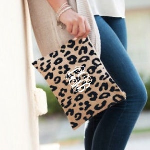 Monogrammed Leopard Burlap Zip Pouch - Bridesmaid Gift - Hostess Gift - Monogrammed Travel Bag - Personalized Burlap Bag - Unique Gift