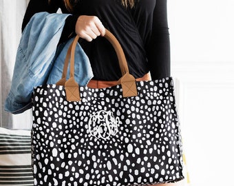 Monogrammed Black Tote With White Spots-Monogrammed Travel/Tote Bag-Bridesmaid Gift Ideas-Monogrammed Tote-Unique Gift-Personalized Tote Bag