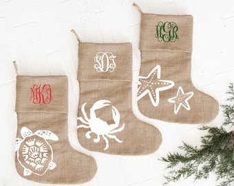 Monogrammed Nautical Burlap Christmas Stocking-Crab/Starfish/Turtle Burlap Stocking-Monogrammed Christmas Stocking-Unique Christmas Stocking