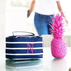 Maritime / weiße Kosmetiktasche - Hochzeitsgeschenk - Monogramm Reisetasche - Monogramm Streifen - Einzigartiges Geschenk - Personalisierte Make-up Tasche