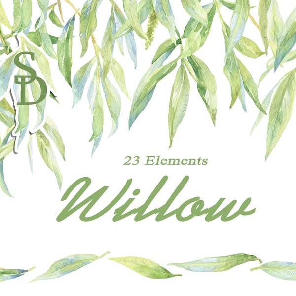 Willow Separate elements Watercolor clipart Hand painted Green leaves Digital branches Leafy foliage Printable Wedding diy