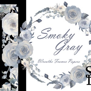 Smoky grau Rahmen Aquarell Kranz PNG Rose Clipart druckbare Blumen Textfeld download Hochzeit Blumen Bild Papier digitales Nahtloses Muster