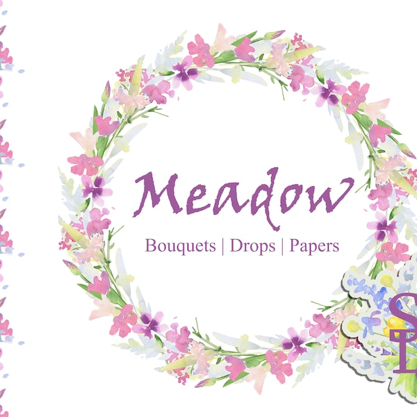 Goutte de prairie rose Couronne de fleurs d’été Pack de papier floral Bordure reproductible PNG Herbe sans couture Motif imprimable mariage DIY Aquarelle clipart