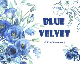 Niebieski aksamitny clipart Oddzielny element kwiatowy Cyfrowa akwarela brunch Liść mięty przezroczysty Kwiat róża PNG Wydrukowany zimowy projekt ślubny