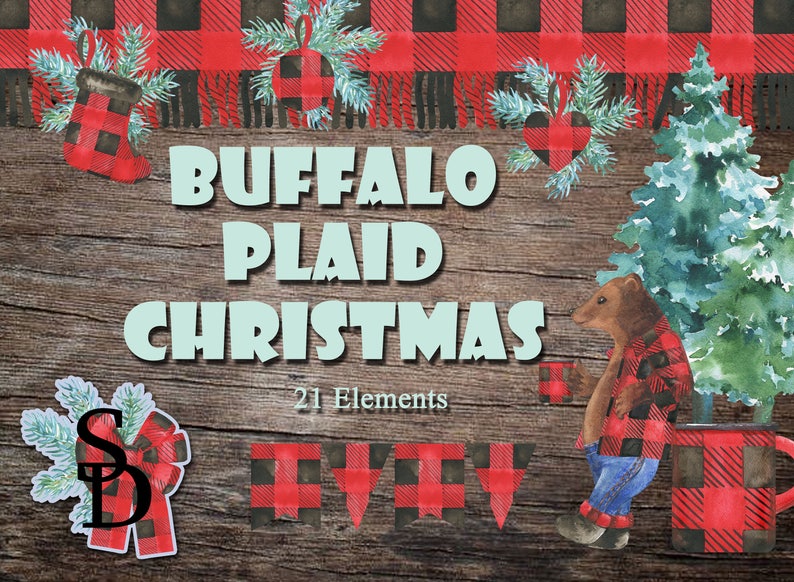 Buffalo Plaid clipart Christmas watercolor Handpainted ...