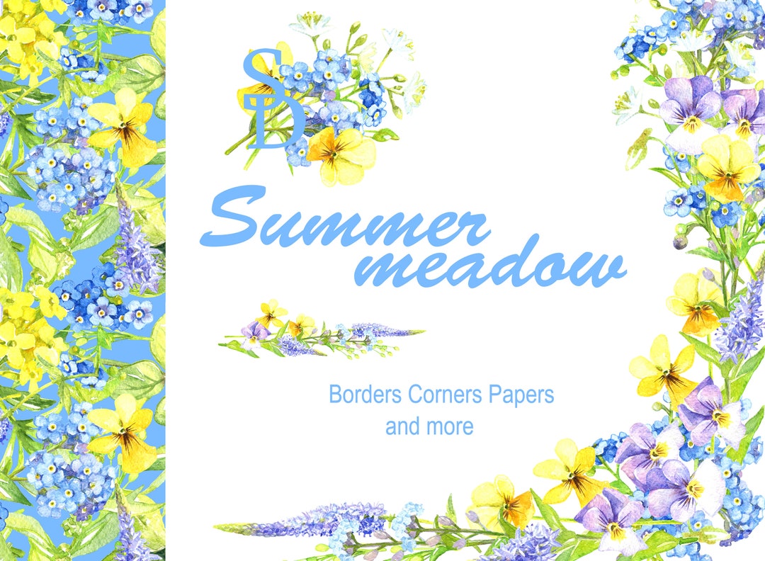 Summer Meadow Watercolor Set Wreath Digital Flower Corner Grass Green ...