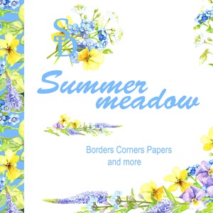 Summer Meadow Watercolor Set Wreath Digital Flower Corner Grass Green ...