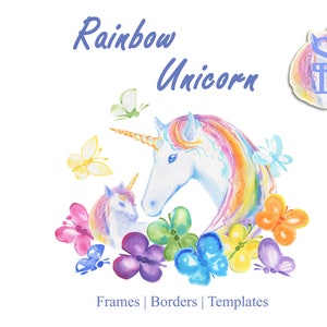 Regenbogen Einhorn Kranz Handgemaltes Pferd Digitale Schmetterling Bordüre PNG Party Dekor Printable Fantasy Vorlage Märchen Design Prinzessin DIY