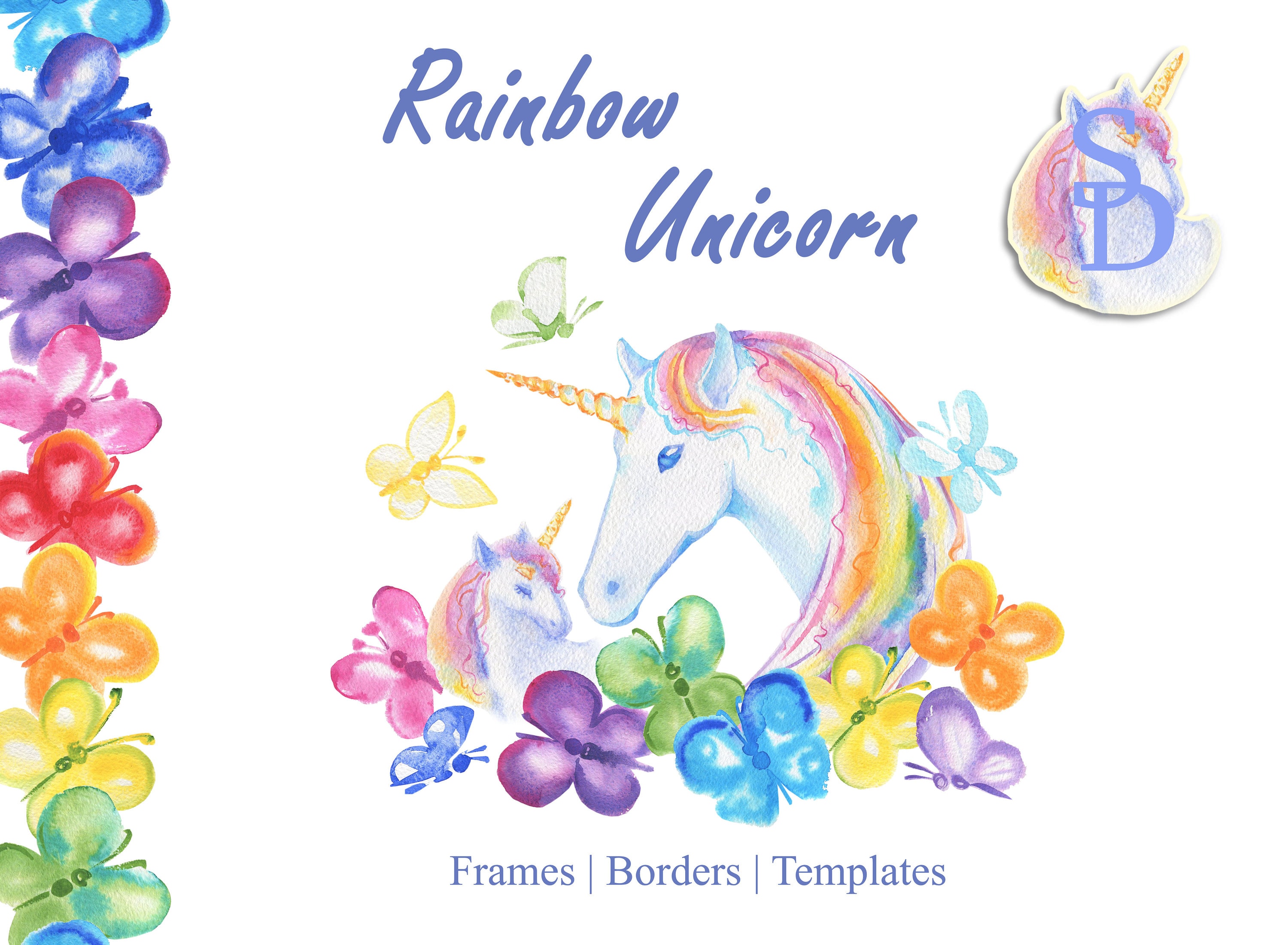 rainbow unicorn wreath handpainted horse digital butterfly