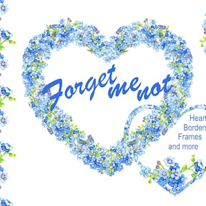 Não me esqueça Arranjo em aquarela Coração Caixa de texto Borda da página Canto azul celeste Decoração floral de casamento Spray digital Cabeçalho de gota clipart Papel