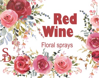 Czerwony spray do wina Obraz akwareli Bukiet Różowy kwiat przezroczysty Cyfrowe kwiatowe krople Róża PNG Dekoracja imprezy Wydrukowany projekt ślubny i weselny