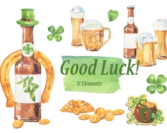 Szczęśliwy dzień św. Patryka clipart Koniczyna Złote monety Podkowa Akwarela kufel do piwa PNG Koniczyna cyfrowa do pobrania Irlandzki ślub DIY Zielona plama