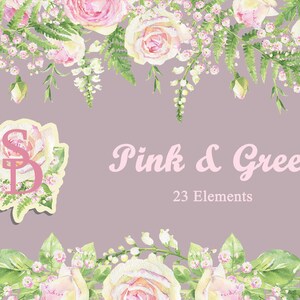 Rosa Grün Separate Elemente Aquarell Clipart Handgemalt Floral Hochzeit diy Rosa Rosen Grün Blätter Blüte Hypsophila Weiß Brunches