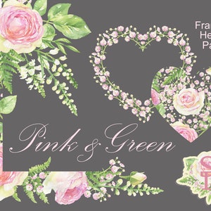 Pink green set Heart frame digital Watercolor page border PNG Floral clipart printable Seamless pattern Wedding rose design Corner image
